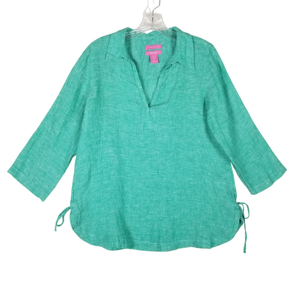 Isaac Mizrahi Tunic Women S Green 100% Linen Side Tie 3/4 Sleeve Top